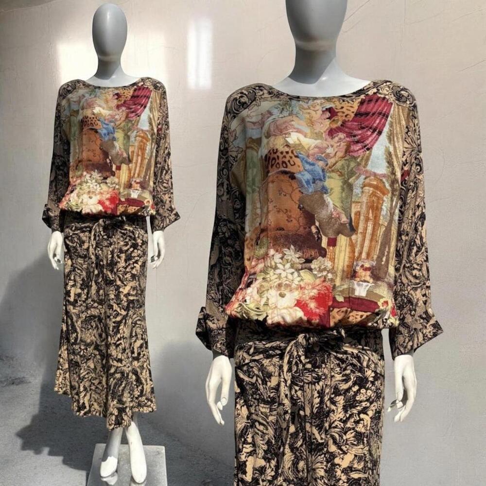 Vintage 80s Carole Little Rayon Cherub Baroque Slouchy Wrap Dress Sz 10